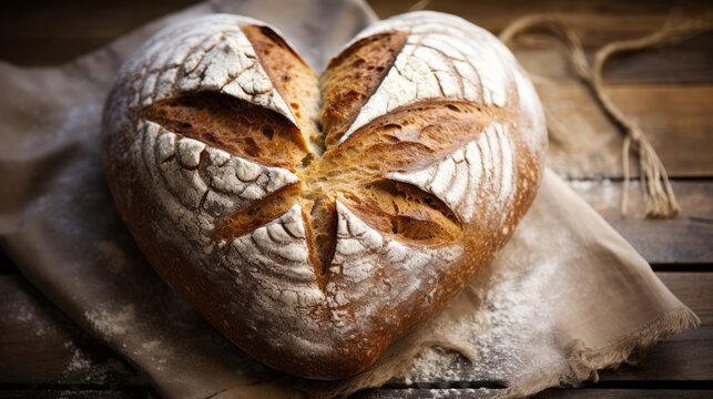 Bakery food photography background square- Closeup of sourdough bread with crispy crust and crushed hemp seeds is decorated with cannabis leaf on wooden dark table