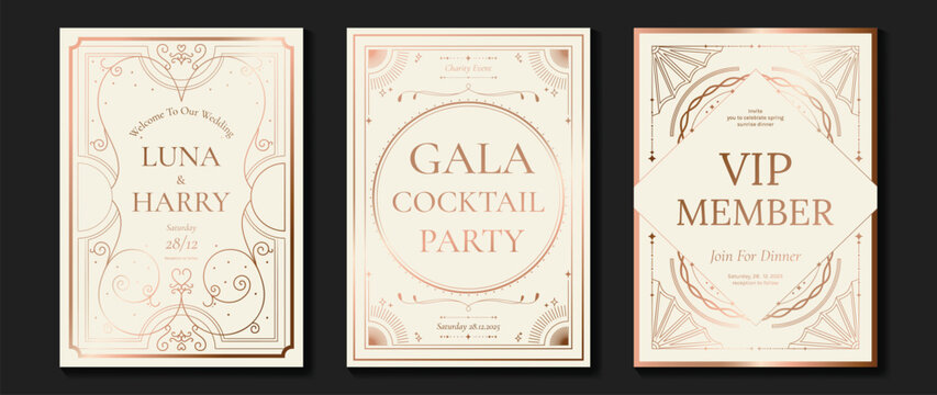 Naklejki Luxury invitation card background vector. Elegant classic antique design, rose gold lines gradient, sparkle on light background. Premium design illustration for gala card, grand opening, art deco.