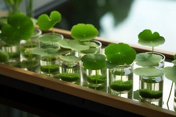Presentation of a biological experiment with centella asiatica in test tubes and green water, using centella asiatica leaves for cosmetics creation. Generative AI