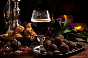 stout beer beside a dish of chocolate truffles