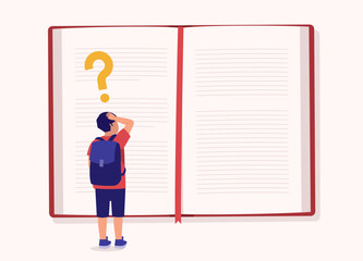 Back View Of One Little Schoolboy With Question Mark Looking At The Large Book Feeling Lost And Confused. Full Length. Flat Design.