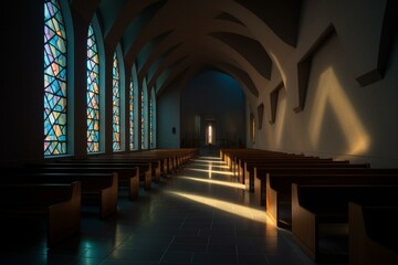 Subdued light patterns in chapel. Generative AI
