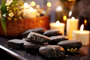 massage stones in a spa reception with winter decorations