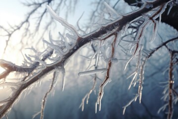 detailed close-up of icicles hanging from a frosty branch - obrazy, fototapety, plakaty