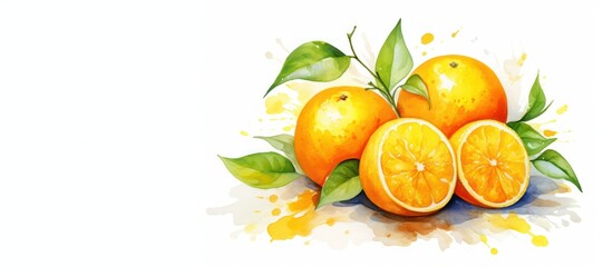 watercolor illustration of orange fruit with leaves horizontal banner with copy space left