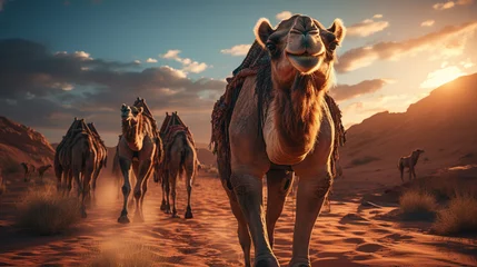 Schilderijen op glas Dubai desert camel safari Arab culture, traditions and tourism landscape Arabs traveling on sand dunes in the background © Morng
