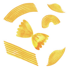 Set of Italian pasta: farfalle, penne, shells. National food. Isolated watercolor illustration. Clipart.