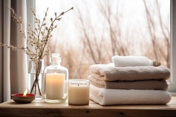 Fototapeta na wymiar cozy wellness corner with plush towels and winter theme