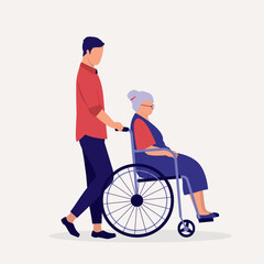 Obraz premium Side View Of An Adult Son Pushing His Elderly Mother With Wheelchair. Full Length. Flat Design.