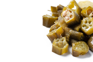 Okra slices isolated on white background. Copy space