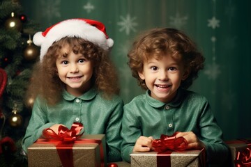 Fototapeta na wymiar Funny kids with gift boxes at Christmas. Design kid winter time celebrate. Generate Ai