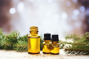 essential oils on table with wintery backdrop - obrazy, fototapety, plakaty