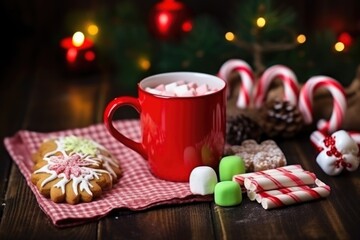 hot cocoa with marshmallows and candy cane on a wooden table