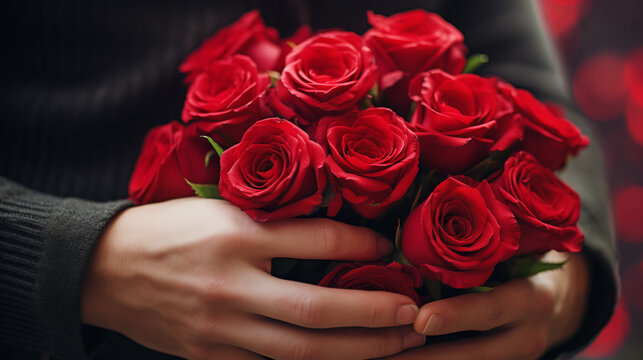 Close-up photo of a bouquet of red roses in hand