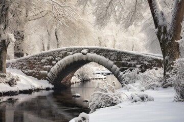 a stone bridge covered in snow in a park - obrazy, fototapety, plakaty