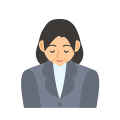 お辞儀する中年女性会社員。フラットなベクターイラスト。 A bowing middle-aged female office worker. Flat designed vector illustration.