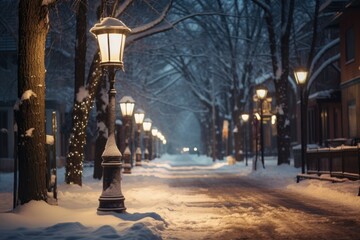 a lantern light post in a snow-filled street