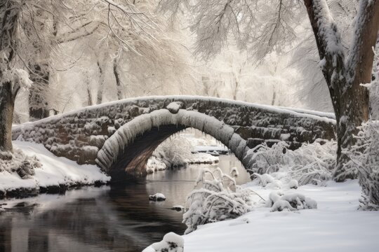 a stone bridge covered in snow in a park