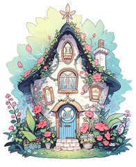 Fairytale magic fairy house, decorated by florals in a fantasy forest.