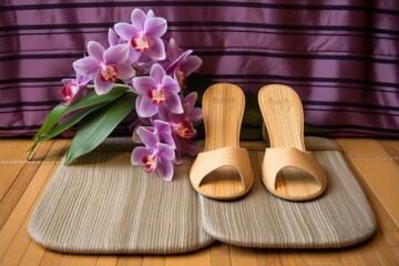 Obraz na płótnie Canvas slippers on a bamboo mat with a blooming orchid on the side