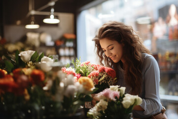 young woman arranges flowers in a flower shop