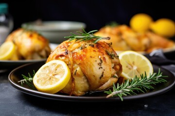 cooked stuffed chicken garnished with lemon wedges and rosemary - obrazy, fototapety, plakaty