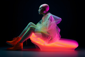 Fototapeta premium Fashion woman in neon costume and neon shoes, in the style of futuristic pop, luminous color palette