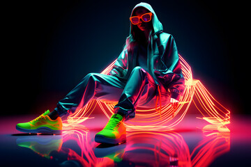 Fashion woman in neon costume and neon shoes, in the style of futuristic pop, luminous color palette