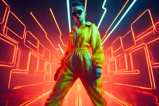 Fashion woman in neon costume and neon shoes, in the style of futuristic pop, luminous color palette