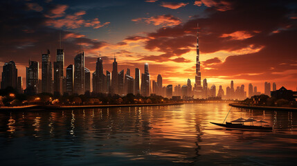 Fototapeta na wymiar Dubai city, dramatic city center skyline and famous Jumeirah beach at sunset, United Arab Emirates