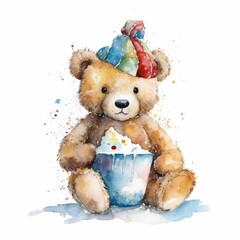 Watercolor teddy bear enjoying a winter carnival, single, white background. AI generated