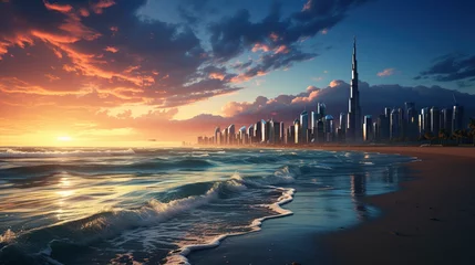 Foto op Plexiglas Dubai city, dramatic city center skyline and famous Jumeirah beach at sunset, United Arab Emirates © Morng