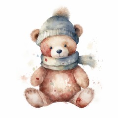 Watercolor teddy bear enjoying a winter carnival, single, white background. AI generated