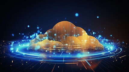 Digital Information Technology: Futuristic Hologram with Cloud Icon, Blue-Golden Light Digits, and Code Background. Cloud Computing Abstract Motion and Data Flow Concept