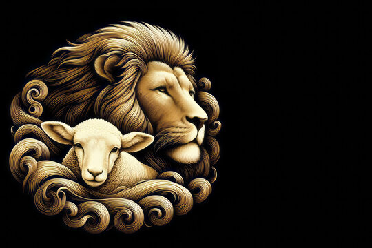 The Lion and the Lamb together. Image on black background