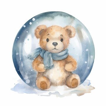 Watercolor teddy bear holding a snow globe, single, white background. AI generated