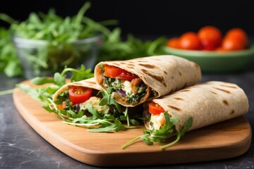 halloumi cheese wrap with fresh rocket leaves and tomatoes