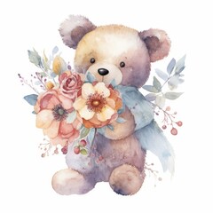 Watercolor teddy bear holding a winter flower bouquet, single, white background. AI generated