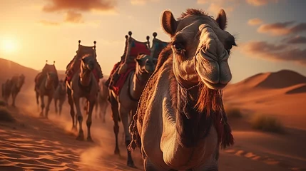 Foto auf Alu-Dibond Dubai desert camel safari Arab culture, traditions and tourism landscape Arabs traveling on sand dunes in the background © Morng