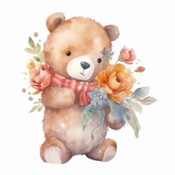 Watercolor teddy bear holding a winter flower bouquet, single, white background. AI generated
