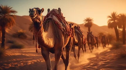 Gordijnen Dubai desert camel safari Arab culture, traditions and tourism landscape Arabs traveling on sand dunes in the background © Morng