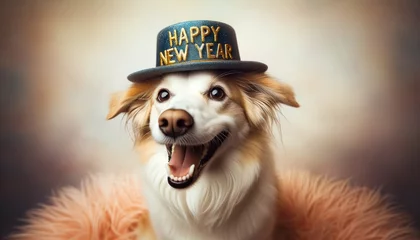 Fotobehang As the clock struck midnight on the first day of 2024, a happy white mammal donned a festive hat, eager to celebrate the new year with its beloved human companion by its side happy new year 2024 text © Glittering Humanity