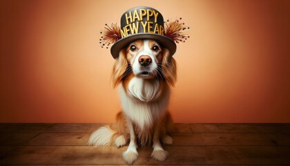 A jubilant canine ushers in the new year of 2024, proudly donning a stylish hat as it poses against a textured wall, showcasing its happy mammalian nature and adoration for its indoor pet life