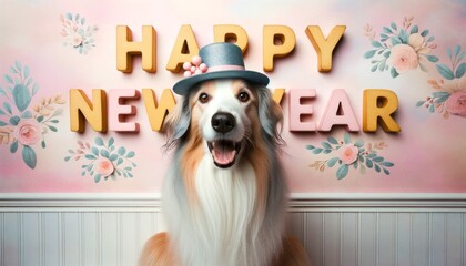 In the year 2024, a jubilant canine dons a festive hat, proudly displaying a message of joy and new beginnings through its clever use of text - obrazy, fototapety, plakaty