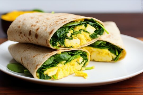 breakfast wrap with scrambled eggs, spinach, and cheese
