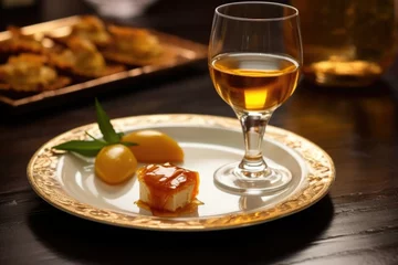 Fotobehang serving glass of sherry with a tapa on side plate © Alfazet Chronicles
