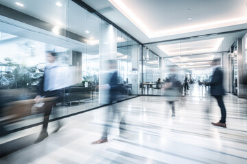 Fototapeta premium Office Space Commercial Background, Modern Interior, Blurred People Walking, Professional Workspace, Corporate Team, Daylight Setting, Business Environment, Lounge, Lobby, Generative AI.
