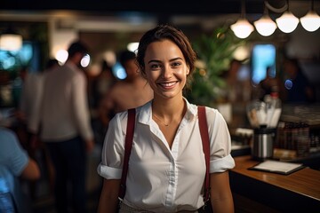 Smiling, young and attractive saleswoman,