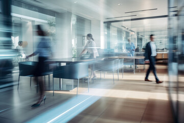 Fototapeta na wymiar Office Space Commercial Background, Modern Interior, Blurred People Walking, Professional Workspace, Corporate Team, Daylight Setting, Business Environment, Lounge, Lobby, Generative AI.