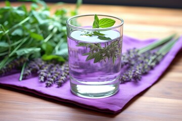 glass of detox water on a lavender-colored yoga mat